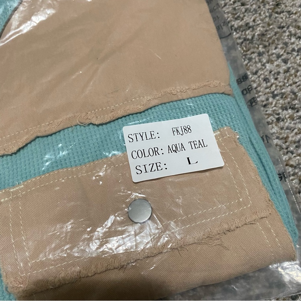 656 POL Beige and Teal Patchwork Utility Jacket N… - image 6